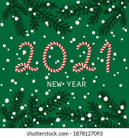 Happy New Year 2021 card. Vector illustration of red and white garland calligraphic numbers 2021. Festive poster, banner design. Composition for holidays flyer, greetings and  christmas invitations