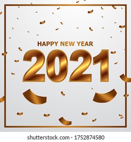 happy new year 2021 and celebrate with golden metal text and flying confetti. greeting card poster banner template 