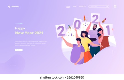 Happy new year 2021 celebration, Happy peoples with number 2021 illustration for greeting concept