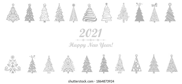 Happy New Year 2021. Celebration white background with silver  Christmas tree and place for your text. Background for your Seasonal Flyers and Greetings Card or Christmas themed invitations. Vector