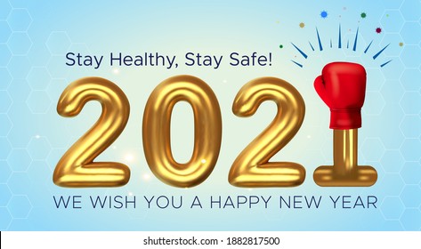 "Happy New Year 2021" celebration, typography text with hand punch gloves and Covid 19 coronavirus and strong immunity boost concept