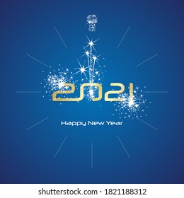 Happy New Year 2021 champagne sparkle firework clock gold shining numbers blue background