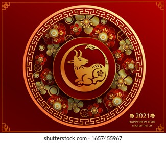 Happy new year 2021 / Chinese new year / Year of the ox / Zodiac sign for greetings card, invitation, posters, brochure, calendar, flyers, banners