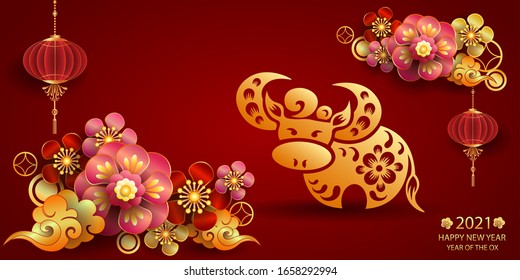 Happy new year 2021 / Chinese new year / Year of the ox / Zodiac sign for greetings card, invitation, posters, brochure, calendar, flyers, banners