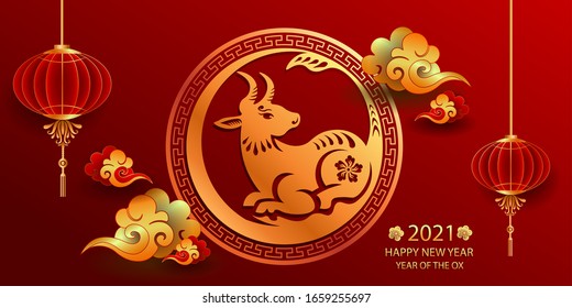 Happy new year 2021 / Chinese new year / Year of the ox / Zodiac sign for greetings card, invitation, posters, brochure, calendar, flyers, banners