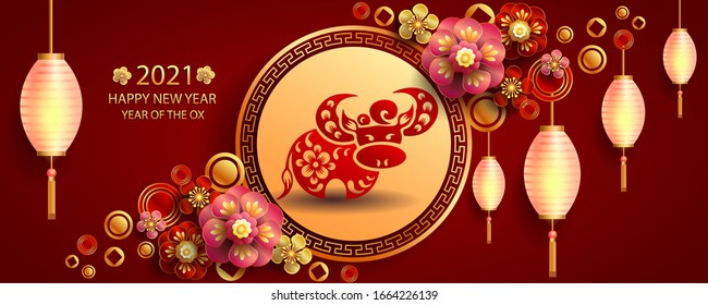 Happy new year 2021 / Chinese new year / Year of the ox / Zodiac sign for greetings card, invitation, posters, brochure, calendar, flyers, banners
