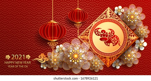 Happy new year 2021 / Chinese new year / Year of the ox / Zodiac sign for greetings card, invitation, posters, brochure, calendar, flyers, banners