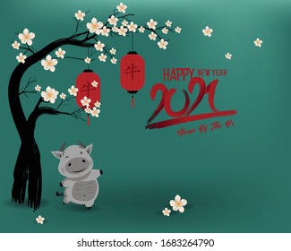 Happy new year 2021. Chinese new year, year of the ox, flower and asian elements with craft style on background.