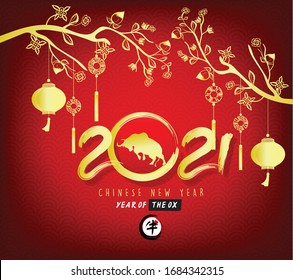 Happy new year 2021. Chinese new year, year of the ox (Chinese translation : Happy chinese new year)