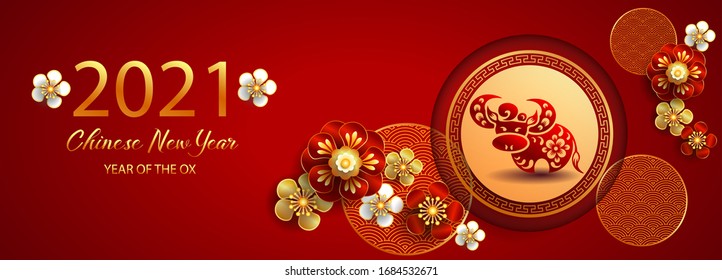 Happy new year 2021 / Chinese new year / Year of the ox / Zodiac sign for greetings card, invitation, posters, brochure, calendar, flyers, banners