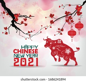 Happy new year 2021. Chinese new year, year of the ox (Chinese translation : Happy chinese new year)