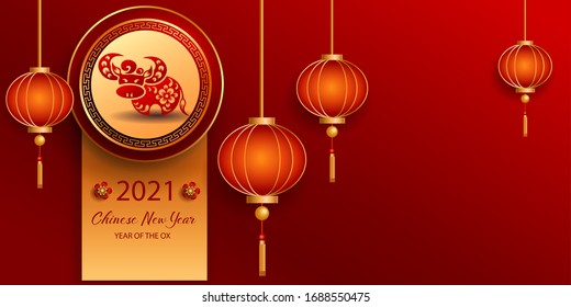 Happy new year 2021 / Chinese new year / Year of the ox / Zodiac sign for greetings card, invitation, posters, brochure, calendar, flyers, banners