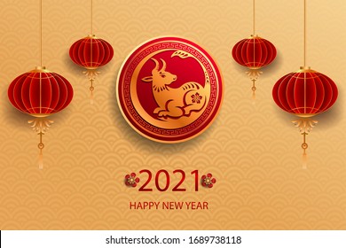 Happy new year 2021 / Chinese new year / Year of the ox / Zodiac sign for greetings card, invitation, posters, brochure, calendar, flyers, banners