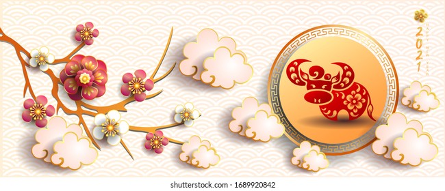 Happy new year 2021 / Chinese new year / Year of the ox / Zodiac sign for greetings card, invitation, posters, brochure, calendar, flyers, banners