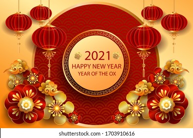 Happy new year 2021 / Chinese new year / Year of the ox / Zodiac sign for greetings card, invitation, posters, brochure, calendar, flyers, banners