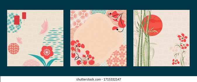 Happy New Year 2021 Chinese New Year. Set of greeting cards, envelopes with geometric patterns, flowers and lanterns. Vector illustration.