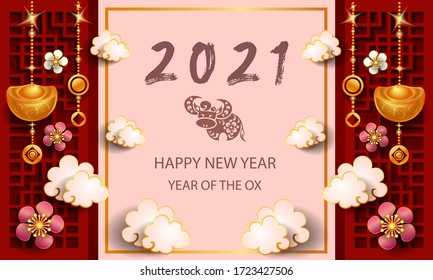 Happy new year 2021 / Chinese new year / Year of the ox / Zodiac sign for greetings card, invitation, posters, brochure, calendar, flyers, banners