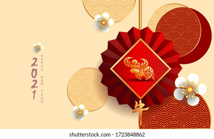 Happy new year 2021 / Chinese new year / Year of the ox / Zodiac sign for greetings card, invitation, posters, brochure, calendar, flyers, banners