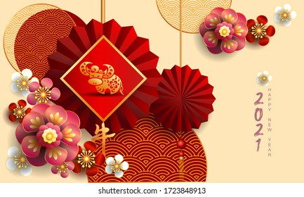 Happy new year 2021 / Chinese new year / Year of the ox / Zodiac sign for greetings card, invitation, posters, brochure, calendar, flyers, banners