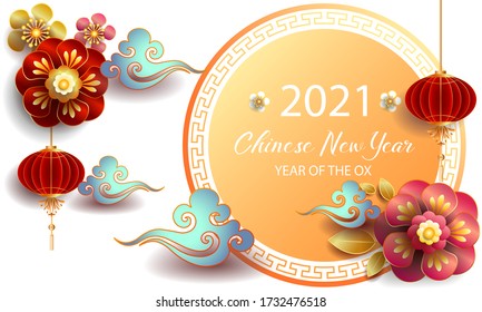 Happy new year 2021 / Chinese new year / Year of the ox / Zodiac sign for greetings card, invitation, posters, brochure, calendar, flyers, banners