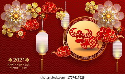 Happy new year 2021 / Chinese new year / Year of the ox / Zodiac sign for greetings card, invitation, posters, brochure, calendar, flyers, banners