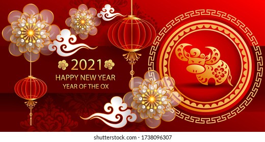 Happy new year 2021 / Chinese new year / Year of the ox / Zodiac sign for greetings card, invitation, posters, brochure, calendar, flyers, banners