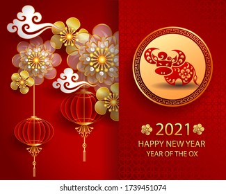 Happy new year 2021 / Chinese new year / Year of the ox / Zodiac sign for greetings card, invitation, posters, brochure, calendar, flyers, banners