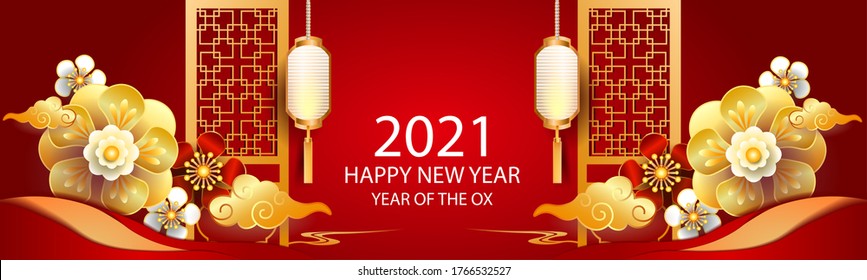 Happy new year 2021 / Chinese new year / Year of the ox / Zodiac sign for greetings card, invitation, posters, brochure, calendar, flyers, banners