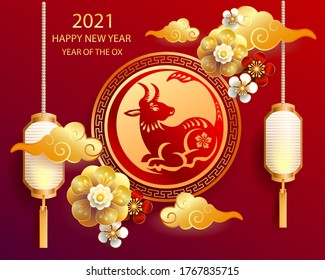 Happy new year 2021 / Chinese new year / Year of the ox / Zodiac sign for greetings card, invitation, posters, brochure, calendar, flyers, banners