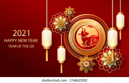 Happy new year 2021 / Chinese new year / Year of the ox / Zodiac sign for greetings card, invitation, posters, brochure, calendar, flyers, banners
