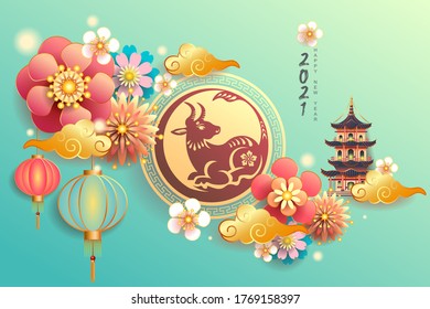 Happy new year 2021 / Chinese new year / Year of the ox / Zodiac sign for greetings card, invitation, posters, brochure, calendar, flyers, banners