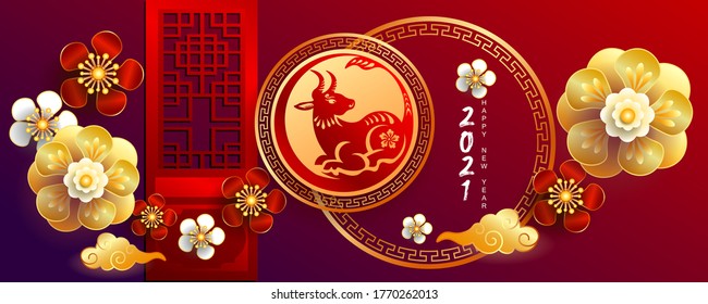 Happy new year 2021 / Chinese new year / Year of the ox / Zodiac sign for greetings card, invitation, posters, brochure, calendar, flyers, banners