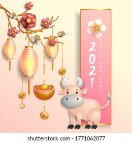 Happy new year 2021 / Chinese new year / Year of the ox / Zodiac sign for greetings card, invitation, posters, brochure, calendar, flyers, banners.