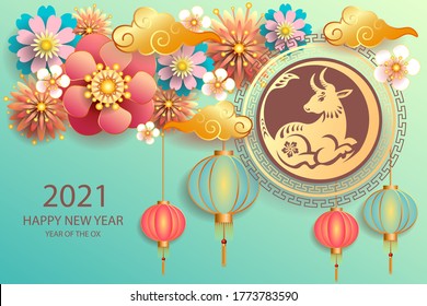 Happy new year 2021 / Chinese new year / Year of the ox / Zodiac sign for greetings card, invitation, posters, brochure, calendar, flyers, banners.