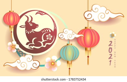 Happy new year 2021 / Chinese new year / Year of the ox / Zodiac sign for greetings card, invitation, posters, brochure, calendar, flyers, banners.