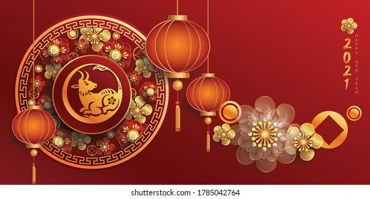 Happy new year 2021 / Chinese new year / Year of the ox / Zodiac sign for greetings card, invitation, posters, brochure, calendar, flyers, banners.