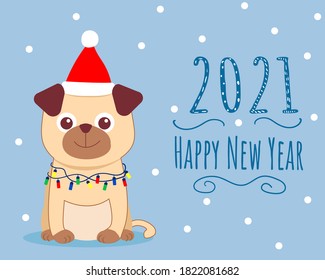 Happy New Year 2021. Chinese New Year. Cute card with pug puppy dog in red hat and garland. On blue background. Vector