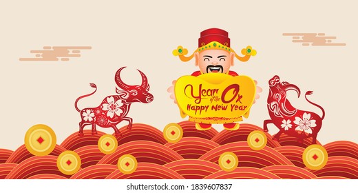 Happy New Year 2021. Chinese New Year. The year of the Ox. Chinese God of Wealth and Ox