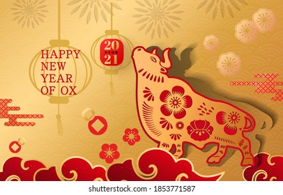 Happy new year, 2021, Chinese new year greetings, Year of the ox , fortune. gold ox art and craft style on color Background. Chinese translation: Happy new year 