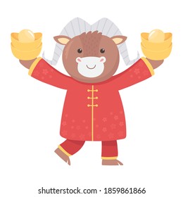 happy new year 2021 chinese, cartoon ox with clothes and gold vector illustration
