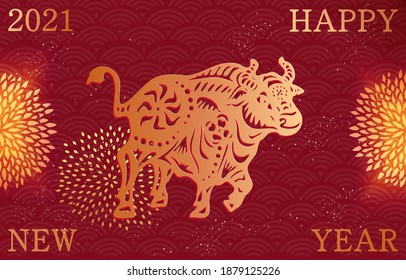 Happy new year, 2021, Chinese new year greetings, Year of the ox , fortune. gold paper cut art and craft style on color Background. Chinese translation: Happy new year 