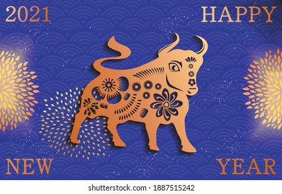 Happy new year, 2021, Chinese new year greetings, Year of the ox , fortune. gold paper cut art and craft style on color Background. Chinese translation: Happy new year 