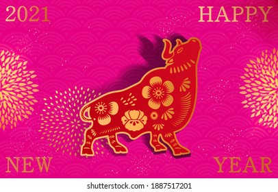 Happy new year, 2021, Chinese new year greetings, Year of the ox , fortune. gold paper cut art and craft style on color Background. Chinese translation: Happy new year 