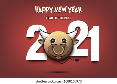 Happy New Year 2021. Chinese symbol of the 2021 year. Greeting card design template for 2021 New Year of the bull. Muzzle of a cow. Vector illustration