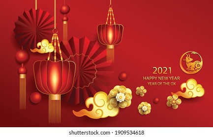 Happy new year 2021 Chinese new year, Year of the ox, Zodiac sign for greetings card, invitation, posters, brochure, calendar, flyers, banners