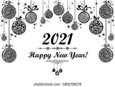 Happy new year 2021! Christmas and New Year card. Celebration white background with Christmas balls and place for your text. Design for poster, invitation, card, banner, flyer. Winter holidays. Vector