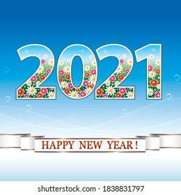 Happy New Year 2021. Christmas card with floral pattern on a blue background. Vector illustration