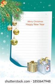 Happy New Year 2021. Christmas card with golden balls and bells on fir branches, gift boxes on the background of sheet paper for text. Vector illustration
