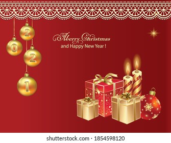 Happy New Year 2021. Christmas greeting card with gift boxes, candles and hanging balls with 2021 numbers on a red background with wishes. Vector illustration

