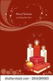 Happy New Year 2021. Christmas greeting card with gift boxes, candles on a red background with decoration and wishes. Place for your text. Vector illustration